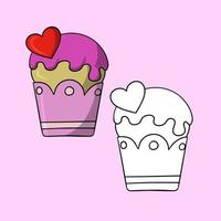 A set of pictures, a delicious cupcake with pink powdered sugar and a heart, a vector illustration in cartoon style on a colored background