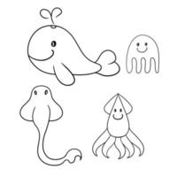 Monochrome set of icons, cute sea characters, big whale, stingray, squid and jellyfish, vector illustration in cartoon style on a white background