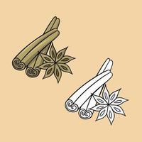 A set of pictures, a stick of cinnamon and spices from star anise, a vector illustration of a cartoon on a colored background