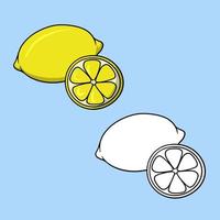 A set of pictures, a bright ripe lemon, a round slice of lemon, cooking ingredients, a vector illustration in cartoon style on a colored background