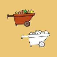 A set of pictures, a red cart with various vegetables and fruits, harvesting, vector illustration in cartoon style on a colored background