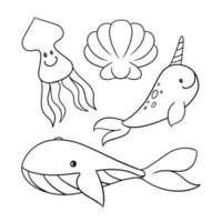conjunto monocromático de iconos, lindos personajes marinos, ballena grande, calamar y narval, ilustración vectorial en estilo de dibujos animados sobre un fondo blanco vector