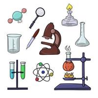 A large set of colored icons, chemical experiments with heating, vector illustration in cartoon style on a white background