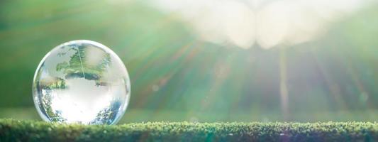 Globe planet glass In green forest with bokeh nature lights. world environment day. concept for environment conservation, protect ecology earth and environmental eco-friendly life with copy space photo
