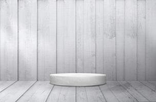 White wood display background, 3D podium on wood floor indoor studio room grey with wall background. Grey washed wooden striped room with stand,Backdrop banner design for product present photo