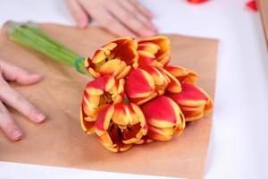 Young female florist is wrapping a red color tulip flower bouquet for Mother's Day gift with tie ribbon bow over a white table background, close up, lifestyle. photo