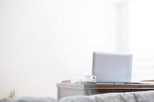 Home office, blank monitor for design, working from home, web communication call, online meeting, remote worker concept, close up, template, mock up. photo