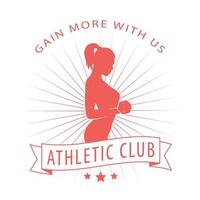 gain more with us logo, badge with posing athletic girl, fitness logo isolated on white, vector illustration