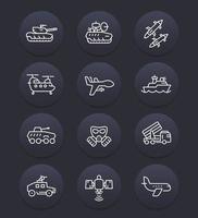 iconos de la línea del ejército, tanque de combate, aviones no tripulados militares, aviación, barco, misil balístico, helicóptero, sistema antiaéreo, armada, vehículos de combate blindados vector