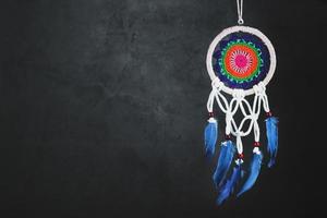 Amulet Dreamcatcher on a black background with free space protecting the sleeper from evil spirits photo