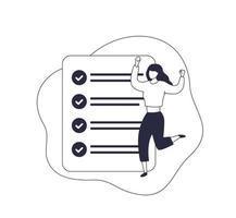 completed task, to do list, minimal vector illustration with woman and checklist