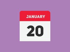 january 20 calendar reminder. 20th january daily calendar icon template. Calendar 20th january icon Design template. Vector illustration