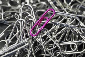 A pink paper clip stands out against a textured background of silver paper clips photo