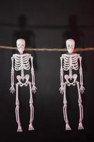 Skeletons hang on a rope on a black background with red illumination