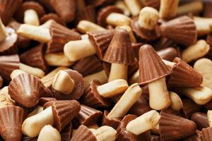 Dessert background Chocolate mushrooms cookies as texture. photo