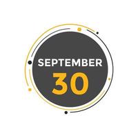 september 30 calendar reminder. 30th september daily calendar icon template. Calendar 30th september icon Design template. Vector illustration