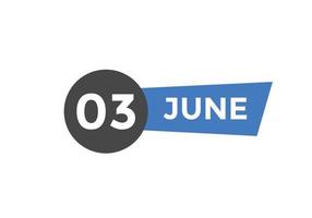 june 3 calendar reminder. 3rd june daily calendar icon template. Calendar 3rd june icon Design template. Vector illustration