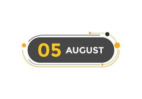 Recordatorio del calendario del 5 de agosto. Plantilla de icono de calendario diario del 5 de agosto. plantilla de diseño de icono de calendario 5 de agosto. ilustración vectorial vector