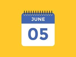 june 5 calendar reminder. 5th june daily calendar icon template. Calendar 5th june icon Design template. Vector illustration