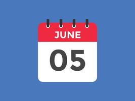 june 5 calendar reminder. 5th june daily calendar icon template. Calendar 5th june icon Design template. Vector illustration