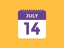 july 14 calendar reminder. 14th july daily calendar icon template. Calendar 14th july icon Design template. Vector illustration