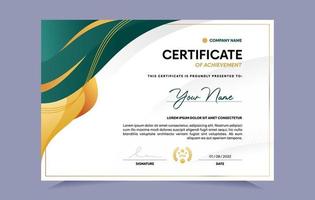 Green and gold certificate of achievement template set with gold badge and border. For award, business, and education needs. Vector Illustration