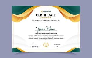 Green and gold certificate of achievement template set with gold badge and border. For award, business, and education needs. Vector Illustration