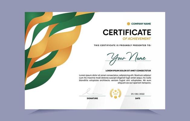 Green and gold certificate of achievement template set with gold badge. For award, business, and education needs. Vector Illustration