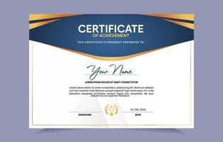 Blue and gold certificate of achievement template set with gold badge and border. For award, business, and education needs. Vector Illustration