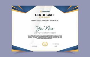 Blue and gold certificate of achievement template set with gold badge and border. For award, business, and education needs. Vector Illustration