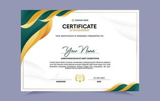 plantilla de certificado de logro verde y dorado con insignia dorada y borde. para premios, negocios y necesidades educativas. ilustración vectorial vector
