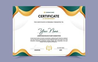 Green and gold certificate of achievement template set with gold badge and border. For award, business, and education needs. Vector Illustration