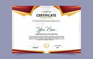 Red and gold certificate of achievement template set with gold badge and border. For award, business, and education needs. Vector Illustration