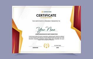 Red and gold certificate of achievement template set with gold badge and border. For award, business, and education needs. Vector Illustration