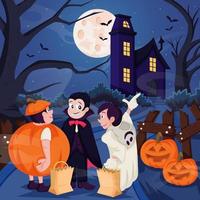 los niños van a pedir dulces en la noche de halloween vector