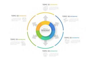 plantilla infográfica para negocios. Diagrama de mapa mental moderno de 6 pasos con círculos y flechas, infografía vectorial de presentación. vector