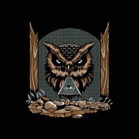 illustration of a rugged forest with owl, a color picture on a black background. vector