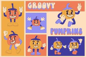 Groovy Halloween Pumpkins cartoon characters. Set of vector comic illustrations with pumpkins in trendy retro cartoon style.