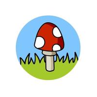 Mushroom logo in a circle with red cap. Fly agaric on the green grass. Natural scenery. vector