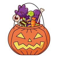 Halloween candy container in the shape of a pumpkin. Orange pumpkin with cut out mouth and eyes filled with candy. vector