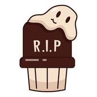 Tombstone and ghost cupcake. Halloween candy. tombstone with smiling ghost on muffin. vector