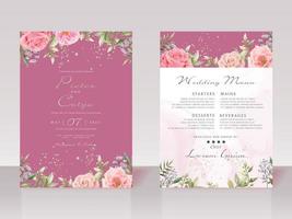 Beautiful pink floral watercolor wedding invitation cards vector