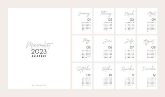 Calendario 2023 estilo minimalista de moda. diseño de planificador de calendario mínimo para imprimir un conjunto de plantillas de calendario de escritorio de 12 páginas. ilustración vectorial vector