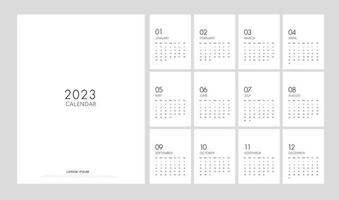 Calendario 2023 estilo minimalista de moda. diseño de planificador de calendario mínimo clásico para imprimir un conjunto de plantillas de calendario de escritorio de 12 páginas. ilustración vectorial vector