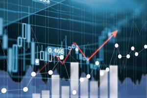 Digital data indicator analysis on financial market trade chart on LED. Concept Stock data trade. Double exposure style photo