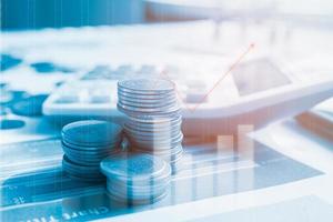 Step of coins stacks on financial report with calculator, profit graph of stock market trade indicator financial.Double exposure style photo