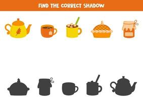 Find the correct shadows of cute autumn elements. Logical puzzle for kids. vector