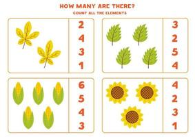 Counting game with cute autumn elements. Educational worksheet. vector