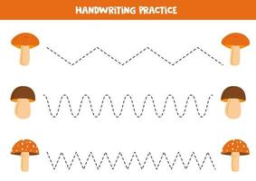 Tracing lines for kids. Hand drawn mushrooms. Writing practice. vector