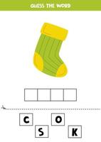 Spelling game for preschool kids. Cartoon green sock. vector